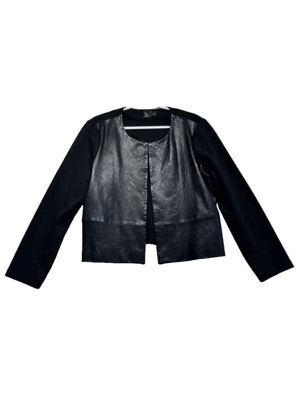 Eileen Fisher Lamb Leather Panel Ponte Knit Open Front Jacket Size Medium Black